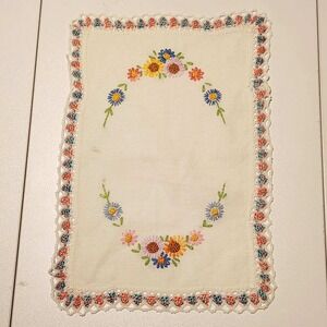 Vintage 1950s Hand-Embroidered Floral Doily with Crocheted Lace Edging